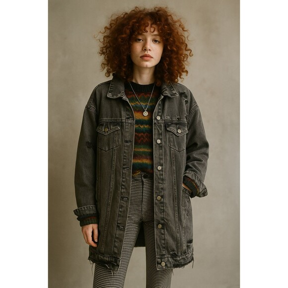 Highway Jeans Denim Black Jacket Women Size Large Distressed Oversized Long Coat - Picture 1 of 15